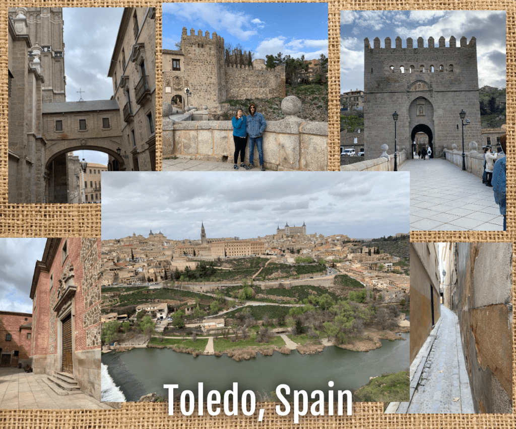 Views of architecture and city of Toledo, Spain - Roman wall, narrow streets, bridge and arches