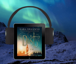 book cover of Dust with headphones against northern lights